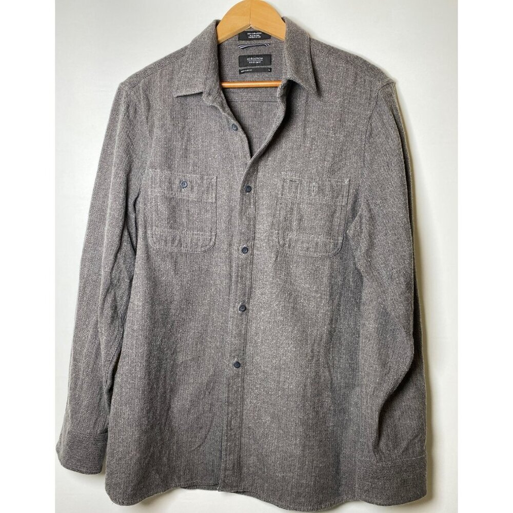 Nordstrom Mens Shop Gray Herringbone Button-Up Shirt L Regular Fit 100% Cotton